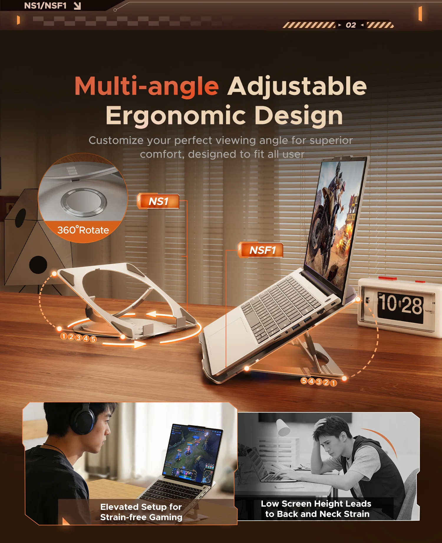 ORICO 데스크용 노트북 스탠드, 각도 조절 가능한 노트북 받침대 360 °   회전식 인체공학적 노트북 홀더 게임용 RGB(17인치 이하 모든 노트북용)