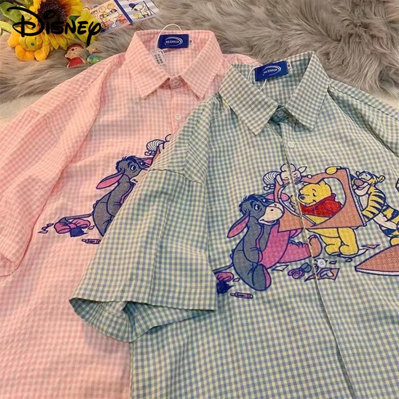 Disney Retro Shirts And Blouses Cartoon Embroidered Plaid Short-sleeved Shirt Men And Women Top With The Same Loose Niche Shirts