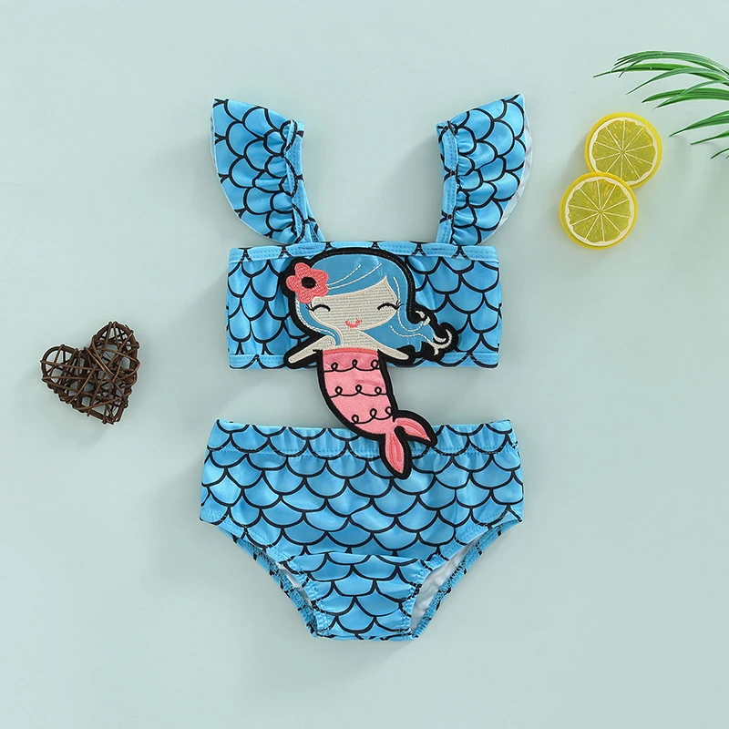 Baby Girl 2 Piece Blue Flying Sleeve Fish Scale Print Split Swimsuit ...