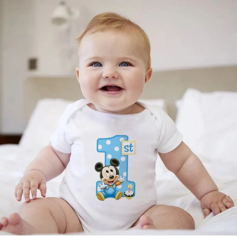 

1st Birthday Mickey Mouse Baby Boy Clothes Cotton Summer Short Sleeve Newborn Boy Bodysuit Party Gift