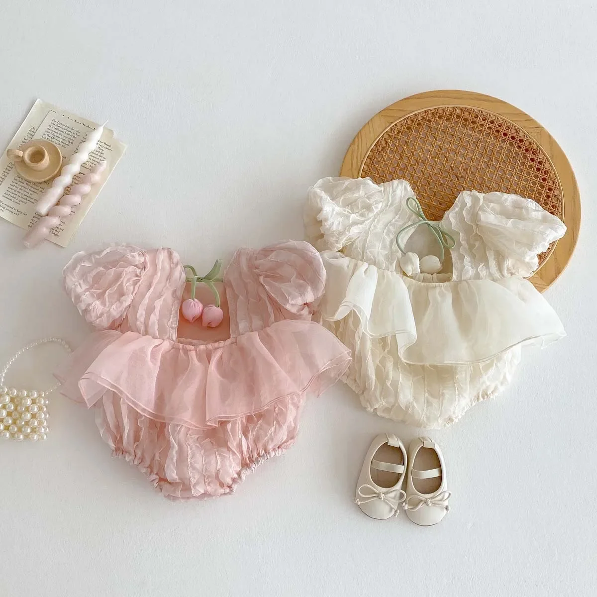 Sweet Baby Girl Summer Romper with Bubble Sleeves And Backless Design Tulip Pattern Lace Trimmed Footless Crawling Suit