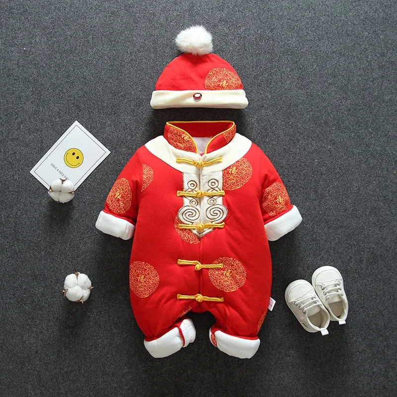 

Winter Birthday Gift for Boys Newborn Baby Tang Suit Chinese Traditional New Year Thicken Romper Infants Red Embroidery Costume