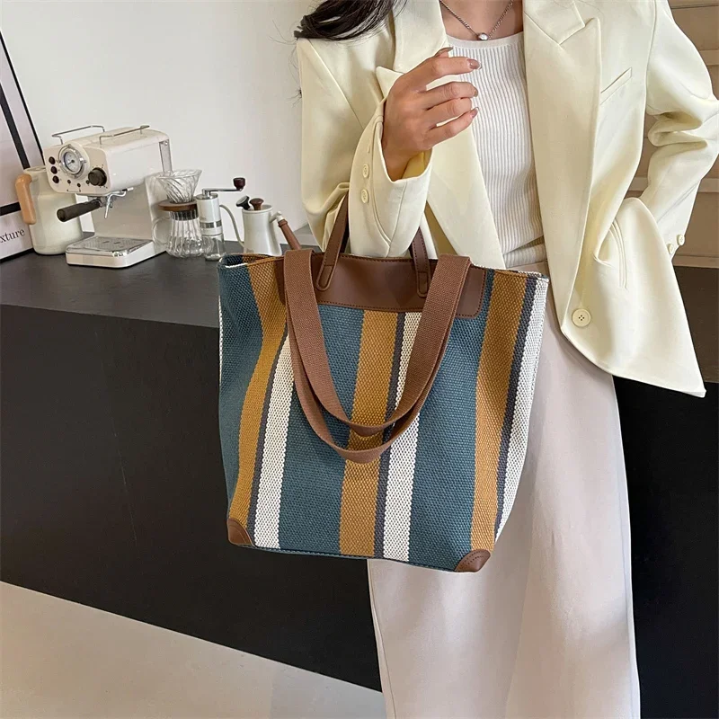 Striped Shoulder Bucket Bags For Women Canvas Fabric Large Capacity Shopping Totes Contrast Color Commute Shopper Handbags 2024 - 3