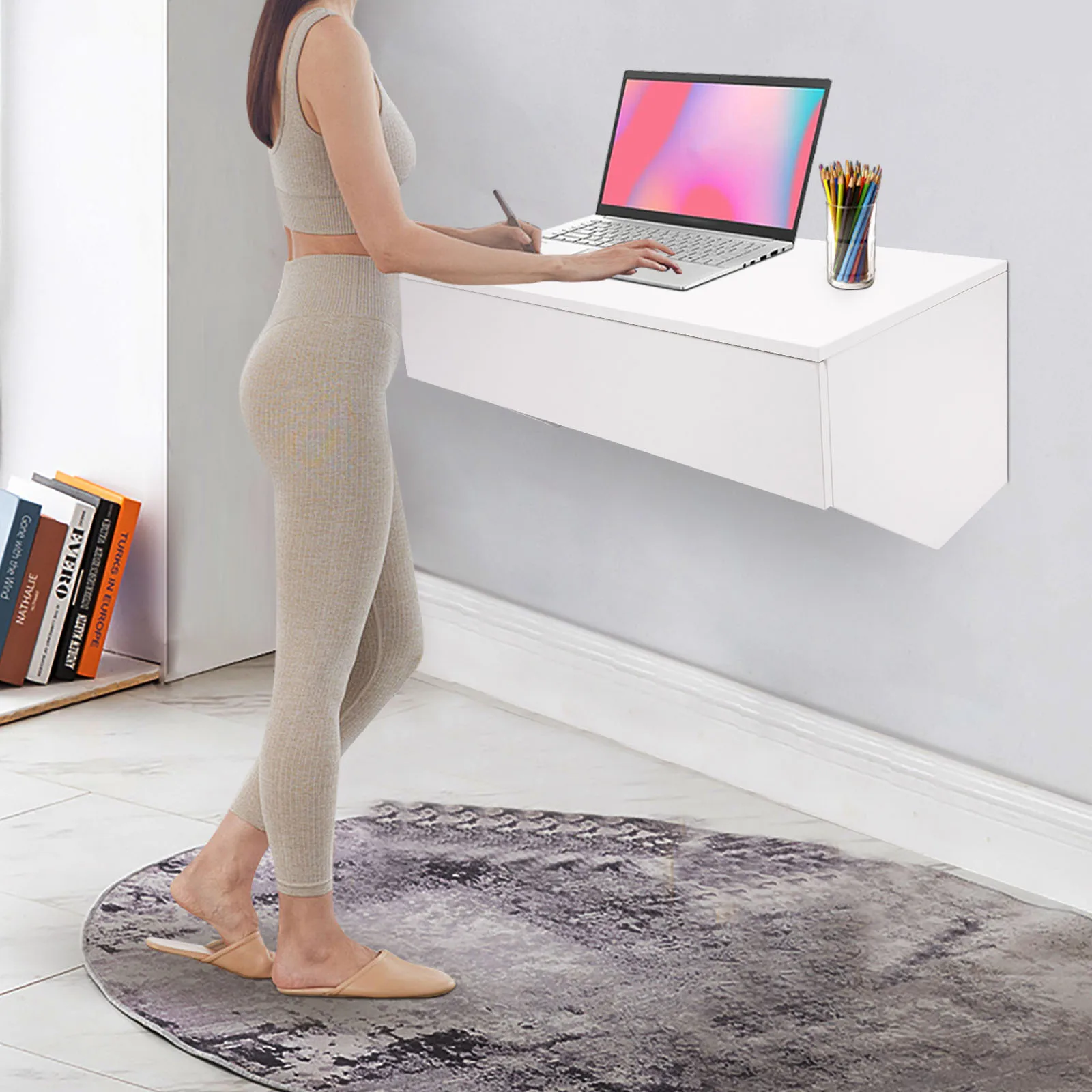 Floating Desk with Pull Out Drawer, Wall Mounted Laptop Computer Write Study Table Multifunctional Workstation Office Organizer 5