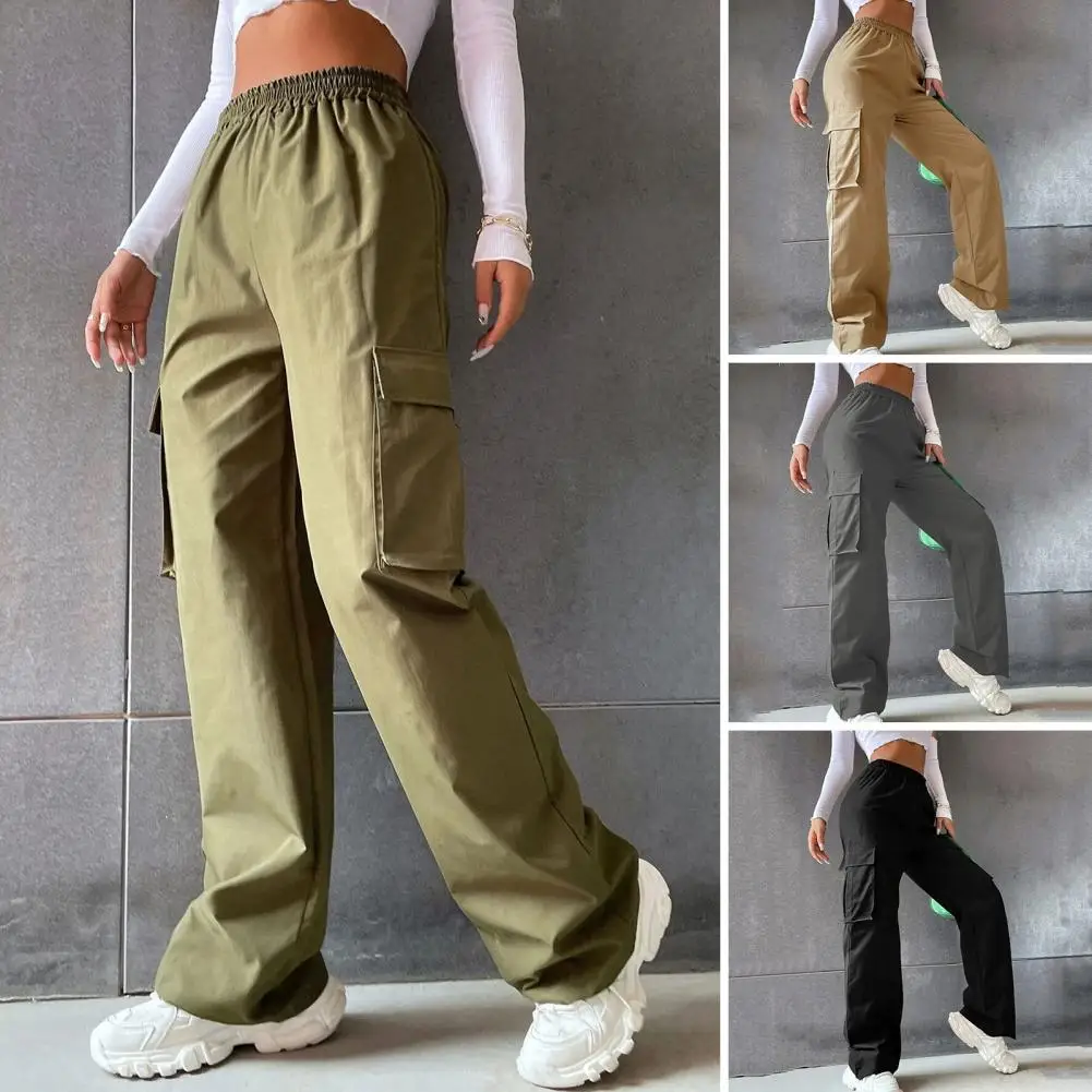 

Korean Women Cargo Pants Spring Elastic Waist Solid Color Pockets Wide Leg Trouser Female Casual Joggers Sweatpants Streetwear