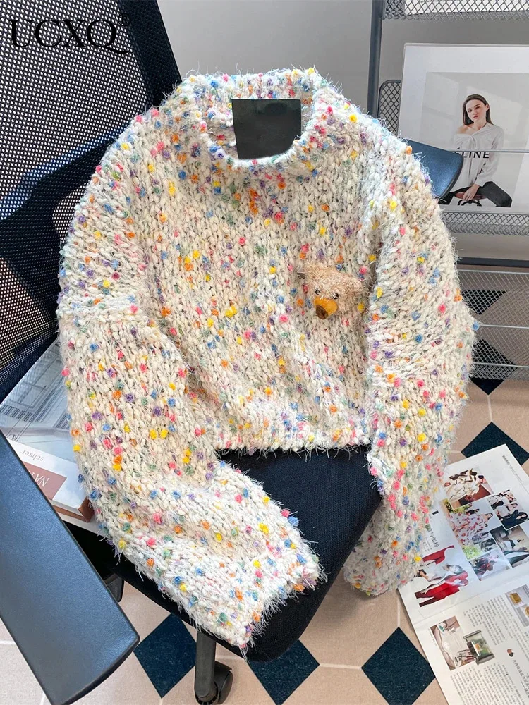 

UCXQ Colorful Dot Contrast Hand-made Sweater For Women 2023 Autumn Winter New Tide Warm Long Sleeve Knit Pullovers Top 23A5667