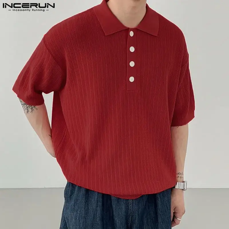 INCERUN Tops 2023 Korean Style New Men Solid Simple Loose Shirts Casual Comfortable Male Knitted Short Sleeve Lapel Blouse S-5XL
