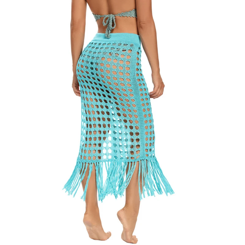 Womens Crochet Bikini Cover Up Skirt Knitted Wrap Maxi Side Split Swimsuit Dress Hollow Out Mesh Beach Swimwear Skirt