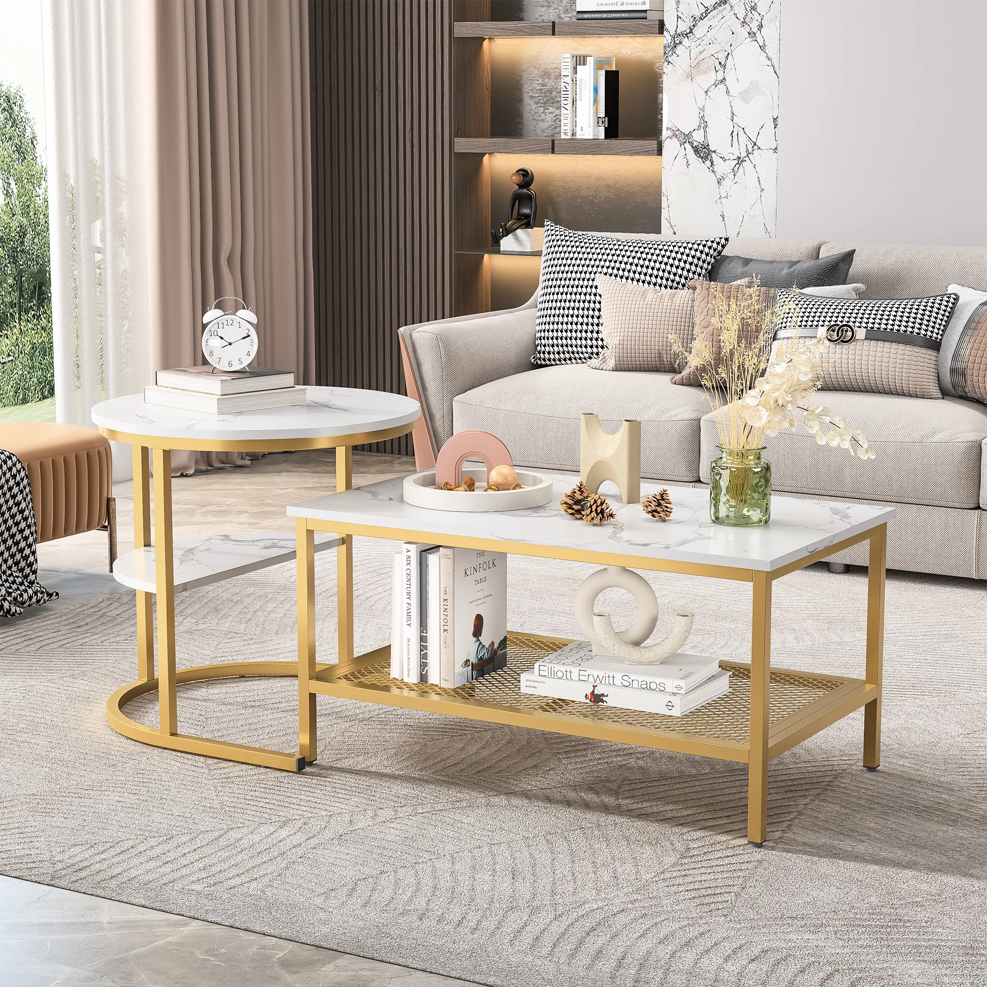 Rosahqnda 2er-Set Couchtische, Wohnzimmer-Beistelltische, Marmor-Look + Metallrahmen, Wohnzimmer-Sofatisch, moderner Couchtisch – Detail 4