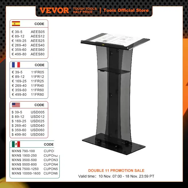 VEVOR 47" Clear Podium Stand Floor-Standing Acrylic Podium Lectern W/ Reading Surface & Storage Shelf for Church Office School