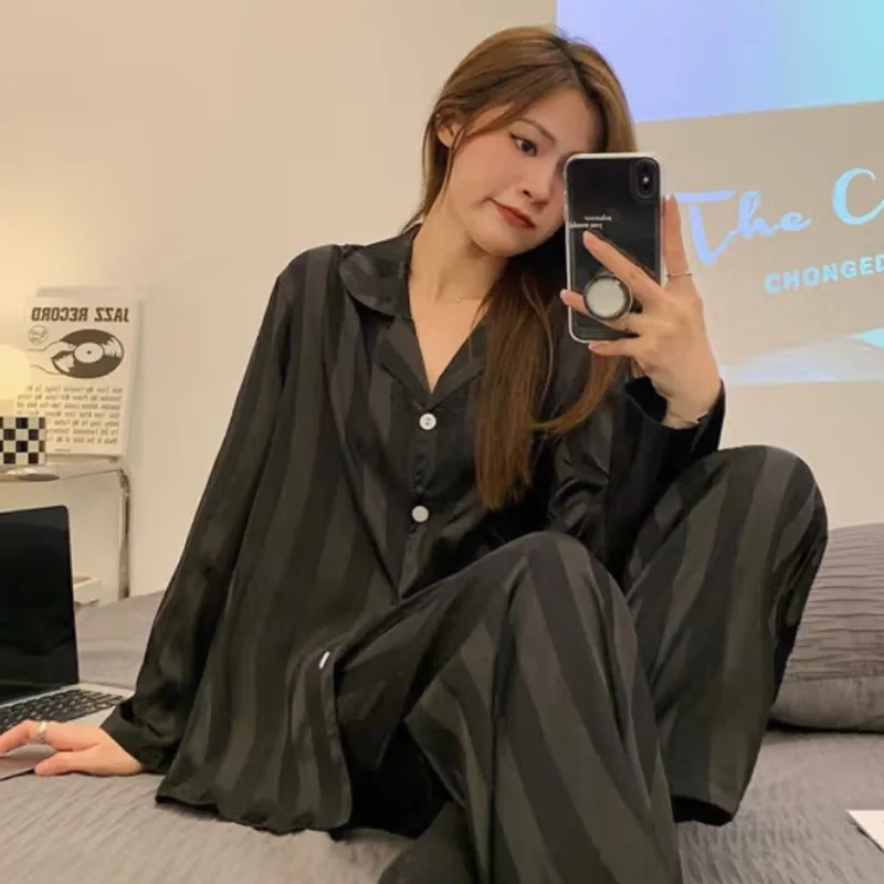 Women's Ice Silk 2 Piece Suit Pajamas Spring and Autumn Long-Sleeved Casual Striped Simple Loose Homewear Ladies Loungewear 4