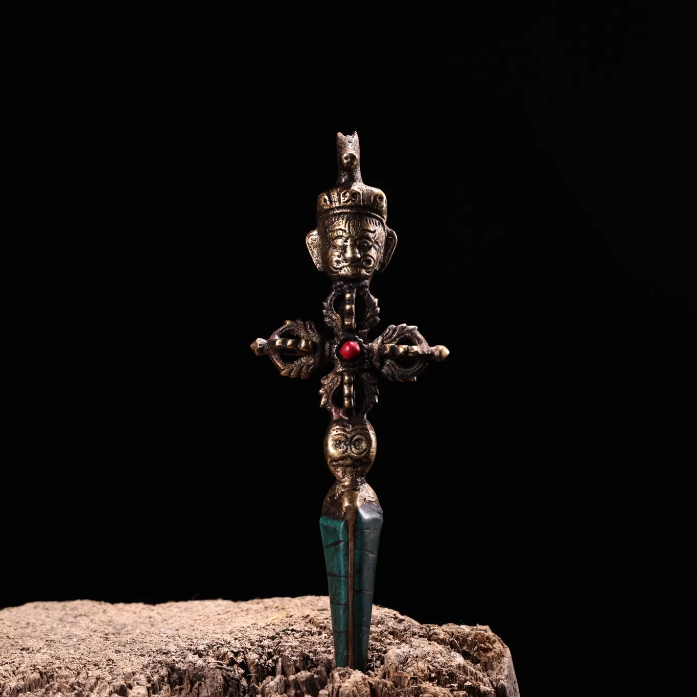 

6"Tibet Temple Collection Old Bronze Mosaic Gem Turquoise Hayagriva Dorje Vajra Phurpa Pendant Amulet Dharma Town house Exorcism