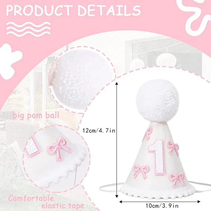 Pink Bow 1st Birthday Hat Handmade Party Decoration Cone Hat First Birthday Photography Atmosphere Prop for Girls