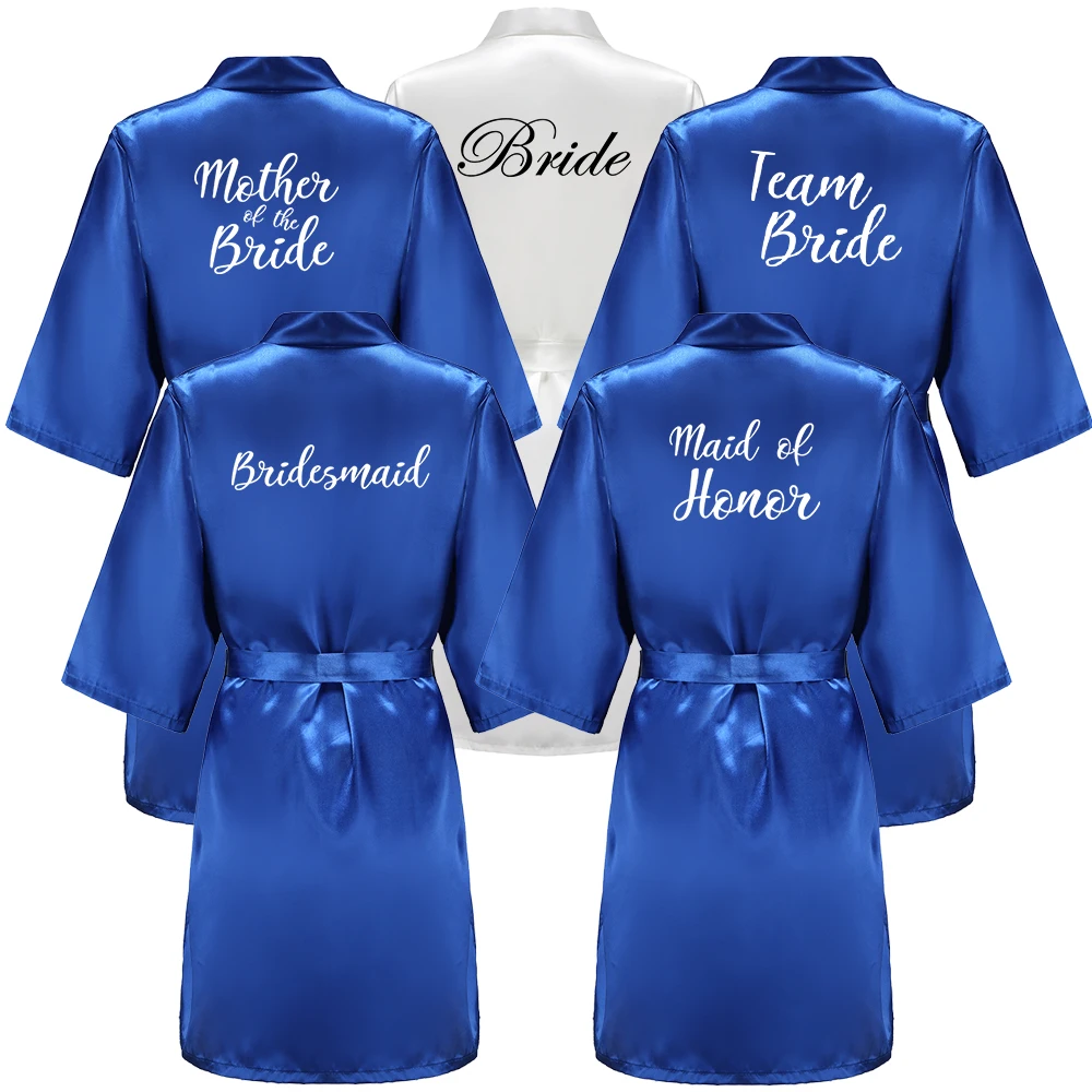 Wedding Party Team Bride Robe With White Letters Kimono Satin Pajamas