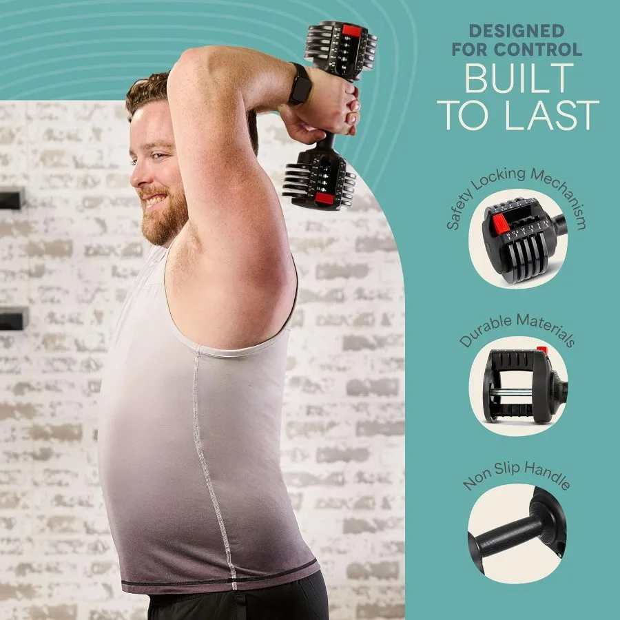 Adjustable Dumbbells Set - 5in1- 15lb Pair & Single with Rack - Quick Adjust, Secure Grip - Compact Hand Weights for Men Women H