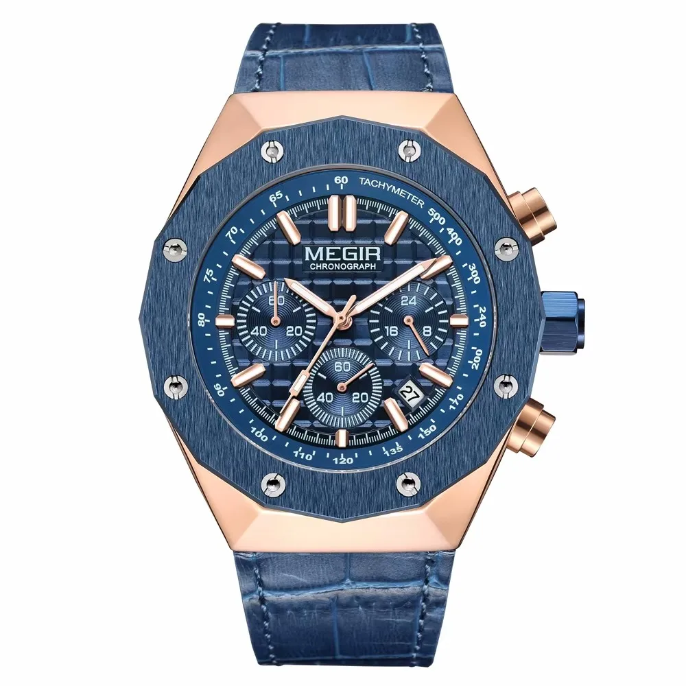 Montre-bracelet à quartz chronographe de luxe pour homme, marque MEGIR, boîtier polygonal, mode décontractée, affaires, cadeau masculin, avec date automatique_voghion.com