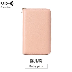 RFID Anti - Theft Cowhide Leather Wallet - Premium Long Passbook Clutch with Large Capacity (Baby pink)