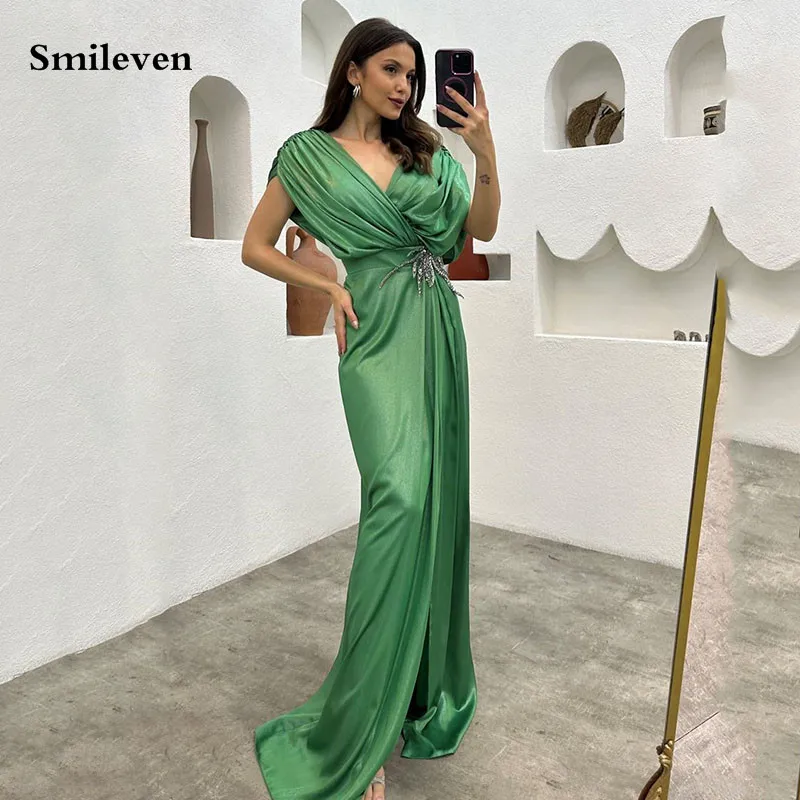 

Smileven Dubai Satin Mermaid Evening Dresses Green Color Saudi Arabic Prom Dress Ankle Length Formal Occasion Dresses Party Gown