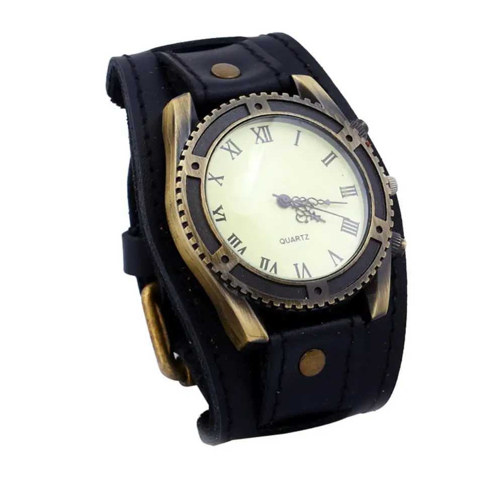 Orologio Da Polso Vintage Punk Con Cinturino Largo In Pelle PU - Quadrante Numeri Romani, Marrone - 2