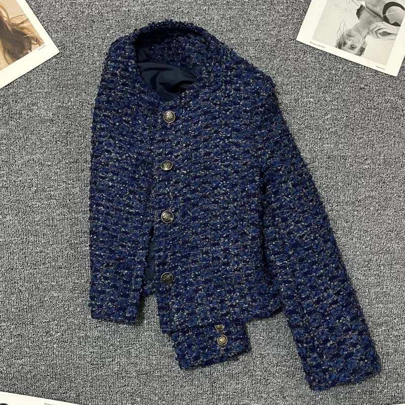 Fatos de escritório femininos de tweed formais, casaco de menina, casaco elegante, vestido de baile, azul marinho, moda senhora, 1 pc