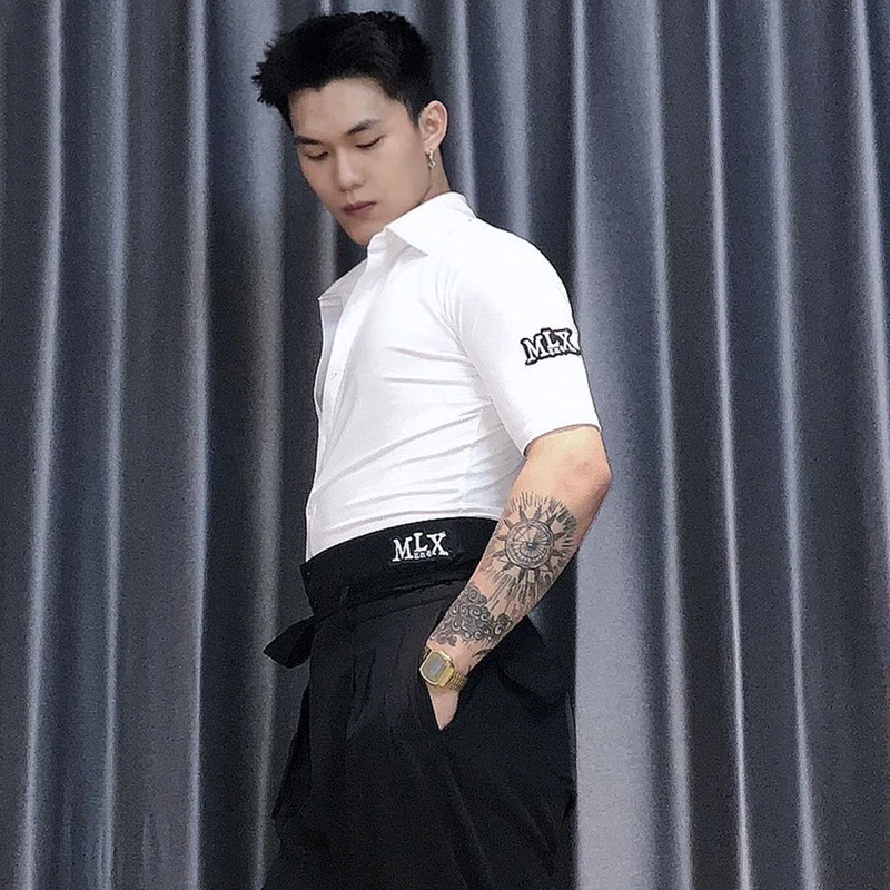 Dance Shirts Latin Dance Tops For Men Short Sleeved V-Neck Shirts Chacha Rumba Tango Dress Ballroom Latin Practice Clothes DQS13243