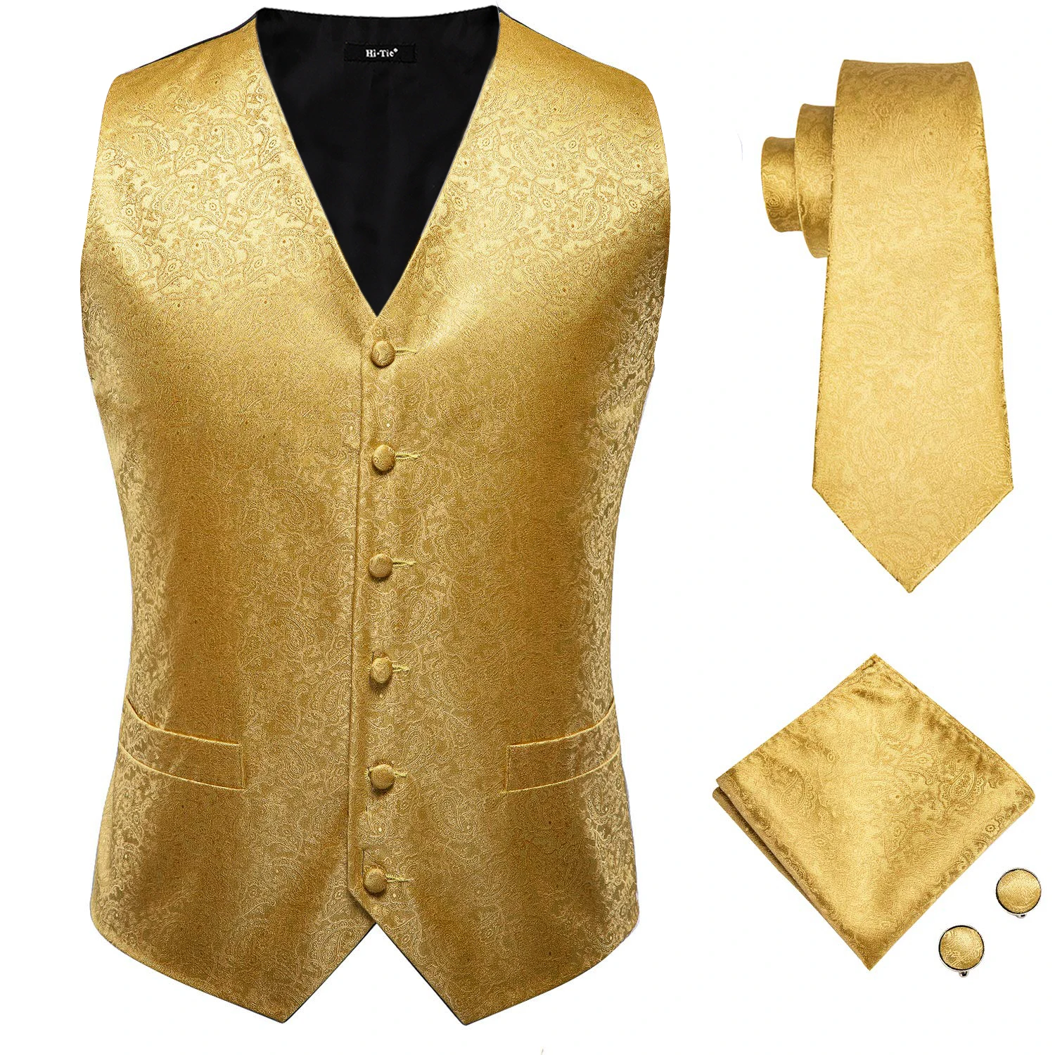 Hi-Tie Gold Mens Vest Silk Tie Hanky Cufflinks Set Wedding