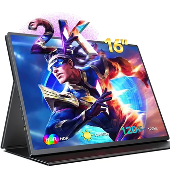 Uperfect 2K 휴대용 모니터 업그레이드 16 인치 8 비트 색상 500 NITS 밝기 매트 IPS HDR 아이 관리 스크린 게임 모니터 이중 스피커 컴퓨터 디스플레이 HDMI Type-C VESA 스마트 케이스가있는 노트북 PC MAC 전화 용 VESA
