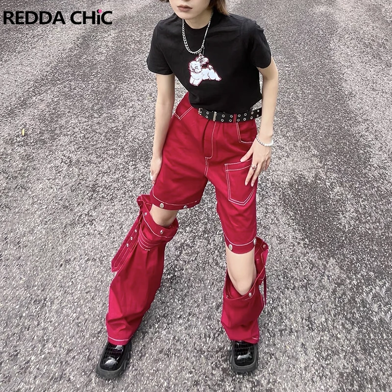 

ReddaChic Retro Red Detachable Y2k Cargo Pants Women Low Waist Wide Leg Baggy Jeans Bandage Belted Leg Warmers Vintage Work Wear