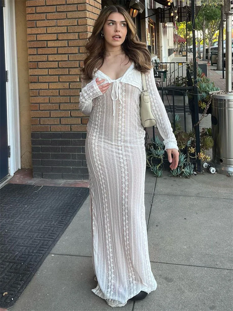 Vestido largo elegante con escote en V y mangas largas para mujer, vestido de fiesta de noche con aberturas, vestido halter de moda de verano 2025