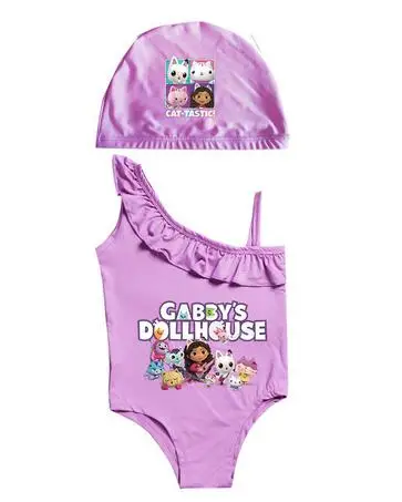 

2-10Y Summer Girls Gabbys Dollhouse Swimsuit Kids One Piece Sleeveless Swimwear Children Cartoon Gabby Cats Swiming+cap 2pcs Set