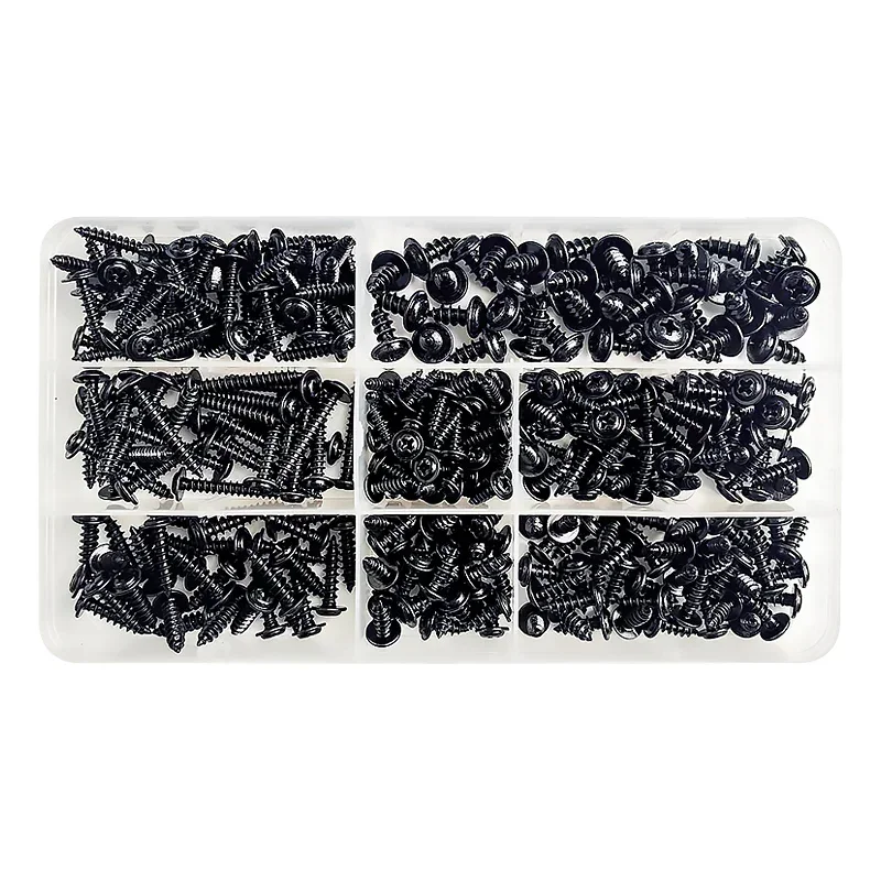 PWA 크로스 셀프 태핑 블랙 나사, 탄소강 라운드 팬 헤드 태핑 나사, 와셔 모음 키트 포함, M3, M3.5, M4, M4.8, 340 개