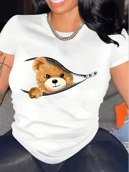 Camiseta estampada de urso dos desenhos animados feminino, fofa e confortável, manga curta, gola redonda para primavera e verão