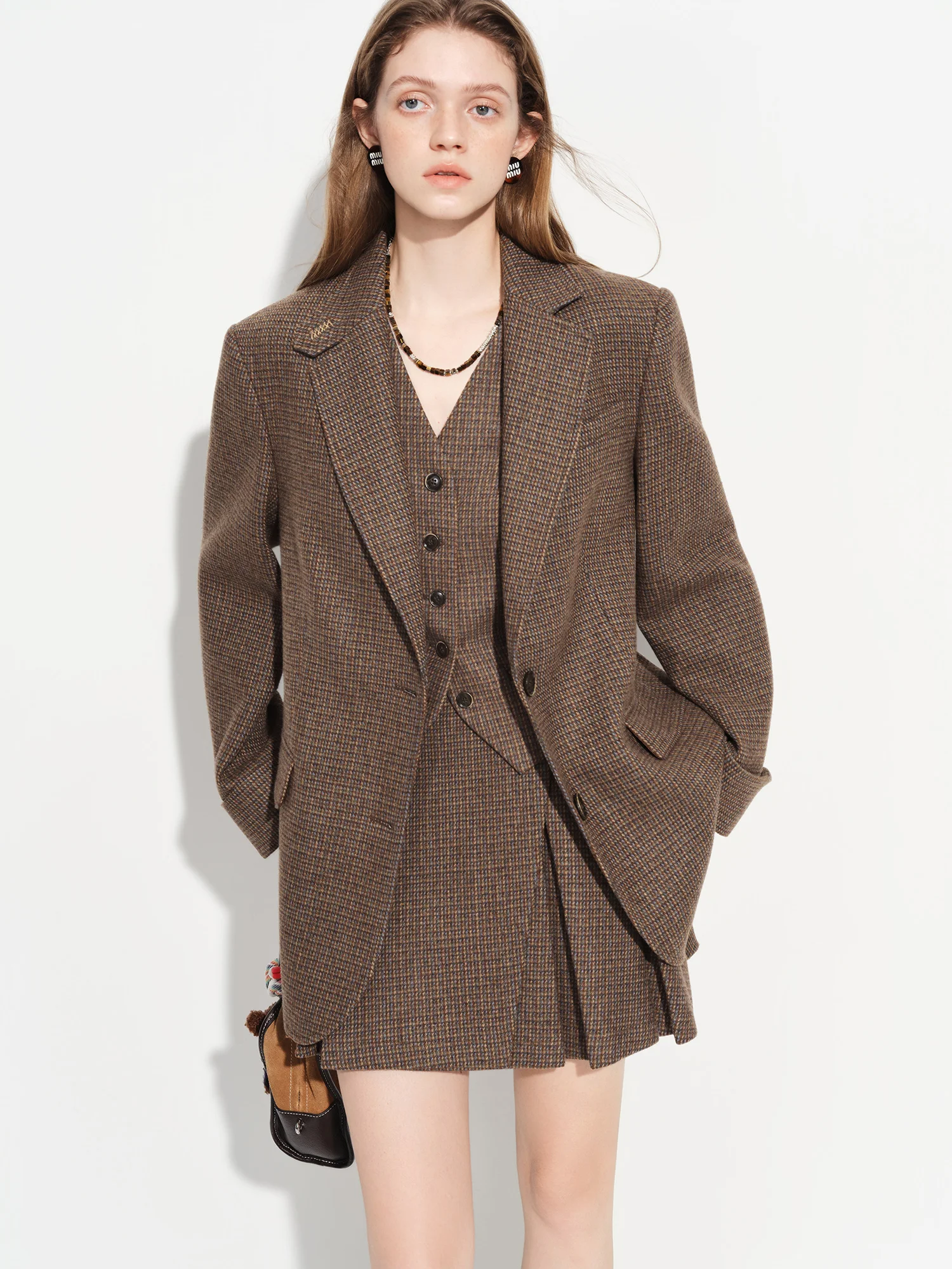 FSLE【Premium Series】New Women's Brown Wool Checkered Suit Set Blazer Vest Skirt Three Piece Coord Vintage Office Chic Suiting Sa6e35dbc69d94299aae419db6a61b3aaC