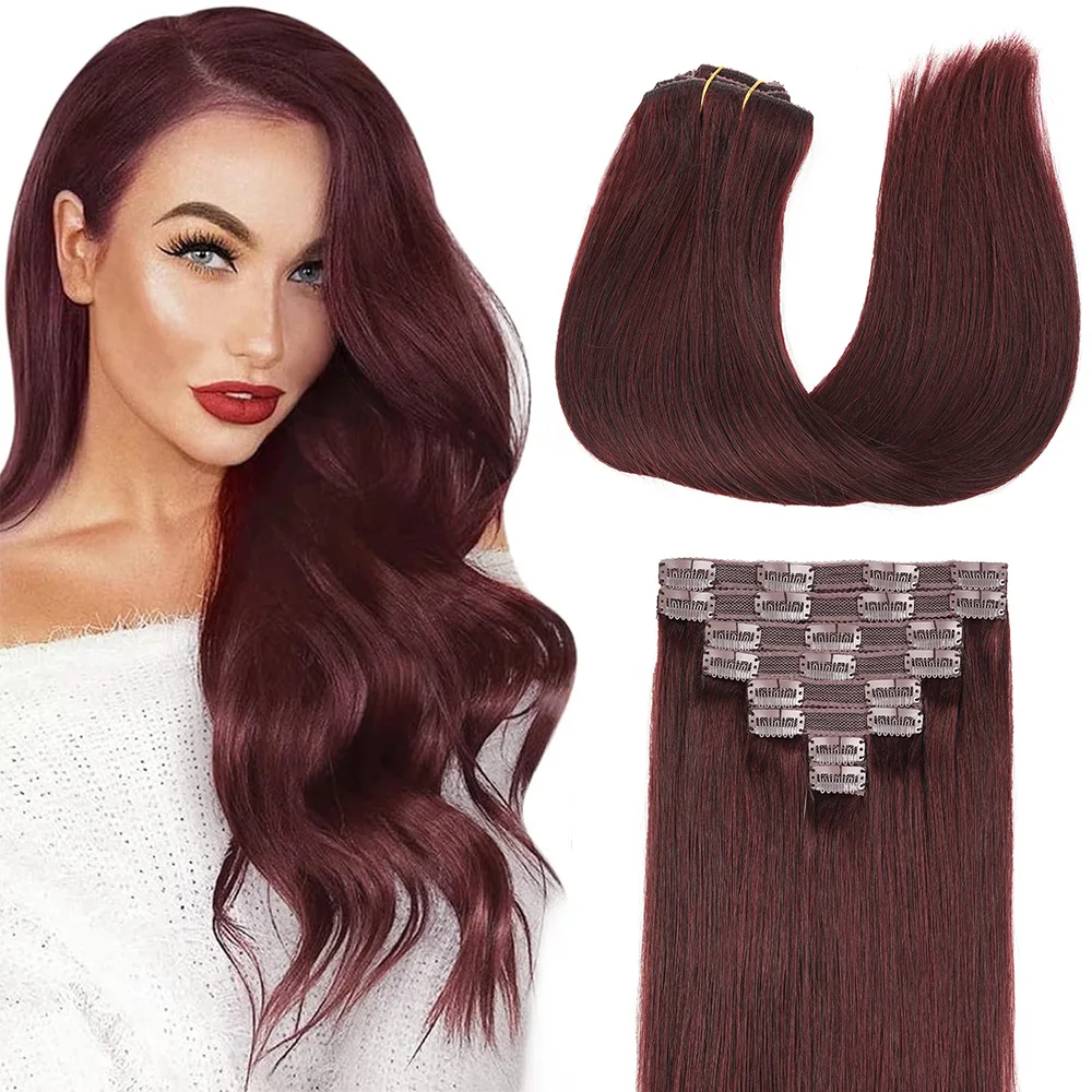 

Straight Clip In Hair Extension Human Hair Clip Ins Seamless Double Skin Weft Clip In Hair Extensions for Women Burgundy 99J#