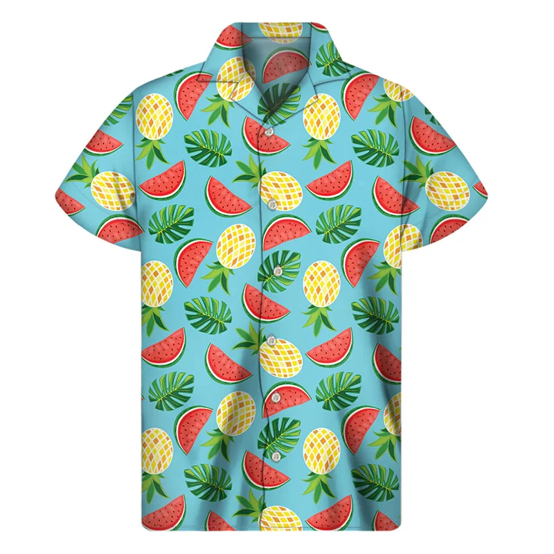 thumbnail image 1 of Camisa hawaiana con estampado de sandía tropical, camisa de verano de calle de manga corta con botones y estampado 3D de frutas, ropa para hombre, blusa con solapa, 1 of 5