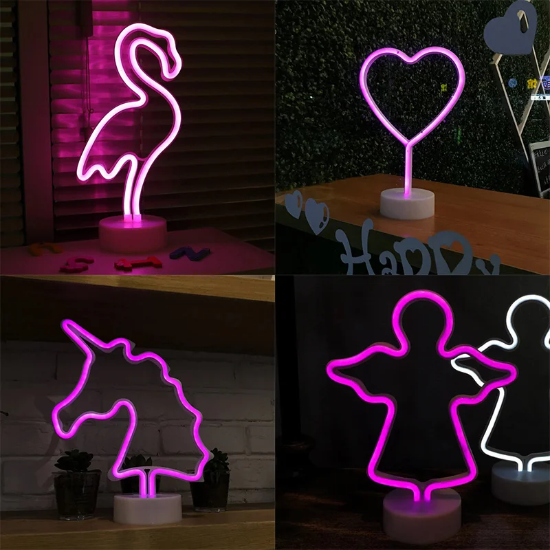 

Led Neon Night Light Flamingo Unicorn Angel Heart Lamp Battery Operated For Table Home Wedding Christmas Decoration