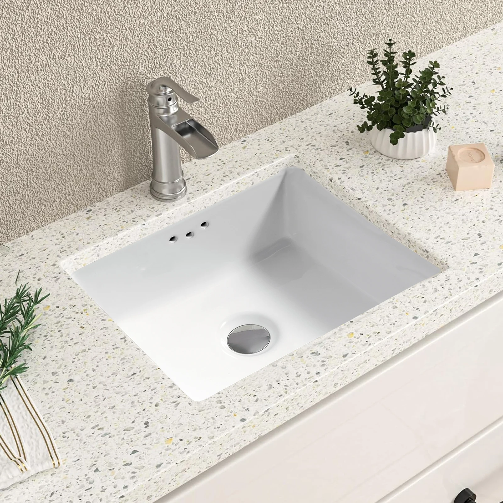 1pc 14 Inch Small Rectangle White Undermount Bathroom Sink, 13.78 x 12-inches Vanity Under Counter Lavatory Porcelain Ceramic Ba 2