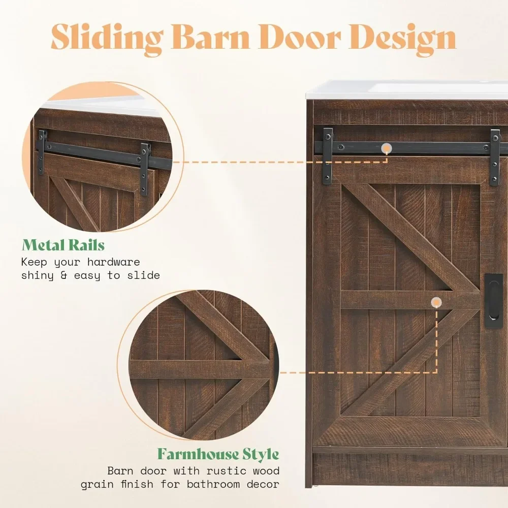 Farmhouse Bathroom Vanity with Sink Combo,Sliding Barn Door Bathroom Vanity Cabinet Set with Storage Drawers, Metal Handles 2