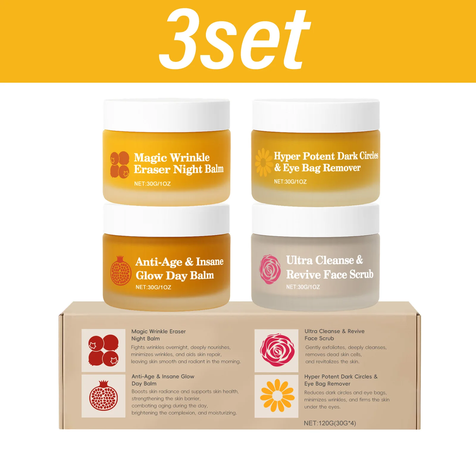 Revitalizing 4-in-1 Facial Care Set: Day & Night Balms, Eye Cream, Face Scrub - Perfect for Dull, Rough Skin and Travel
