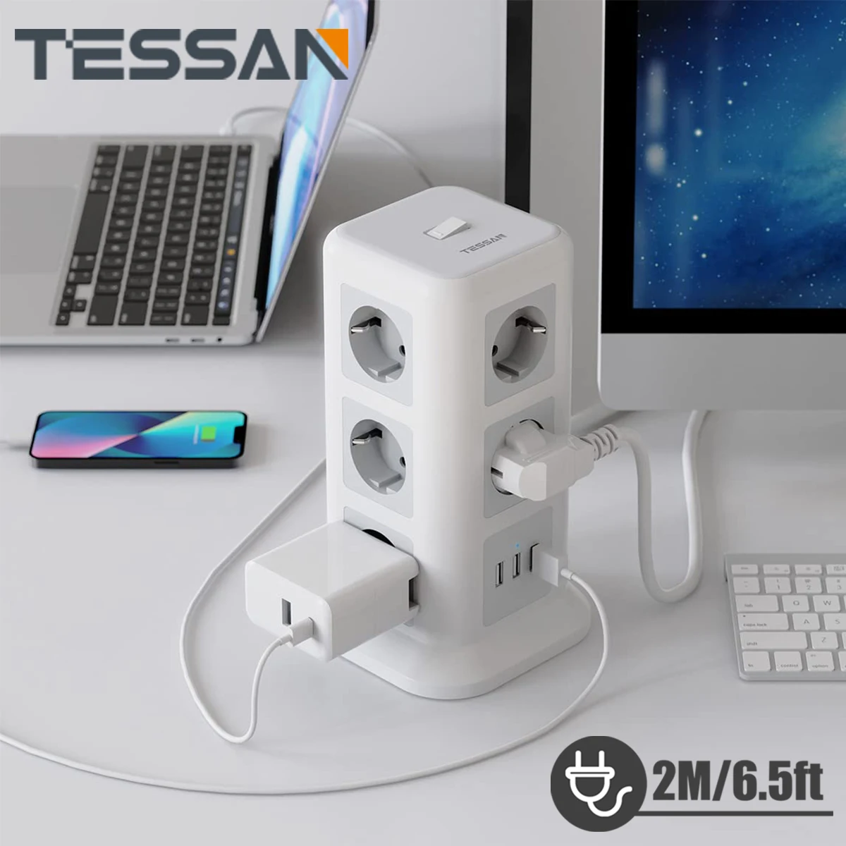 Tessan Eu Multiple Plugs Power Strip Tower Con 11 Prese 3 Cavo Usb 2M Presa Di Prolunga Verticale Eu Plug Per L'Home Office