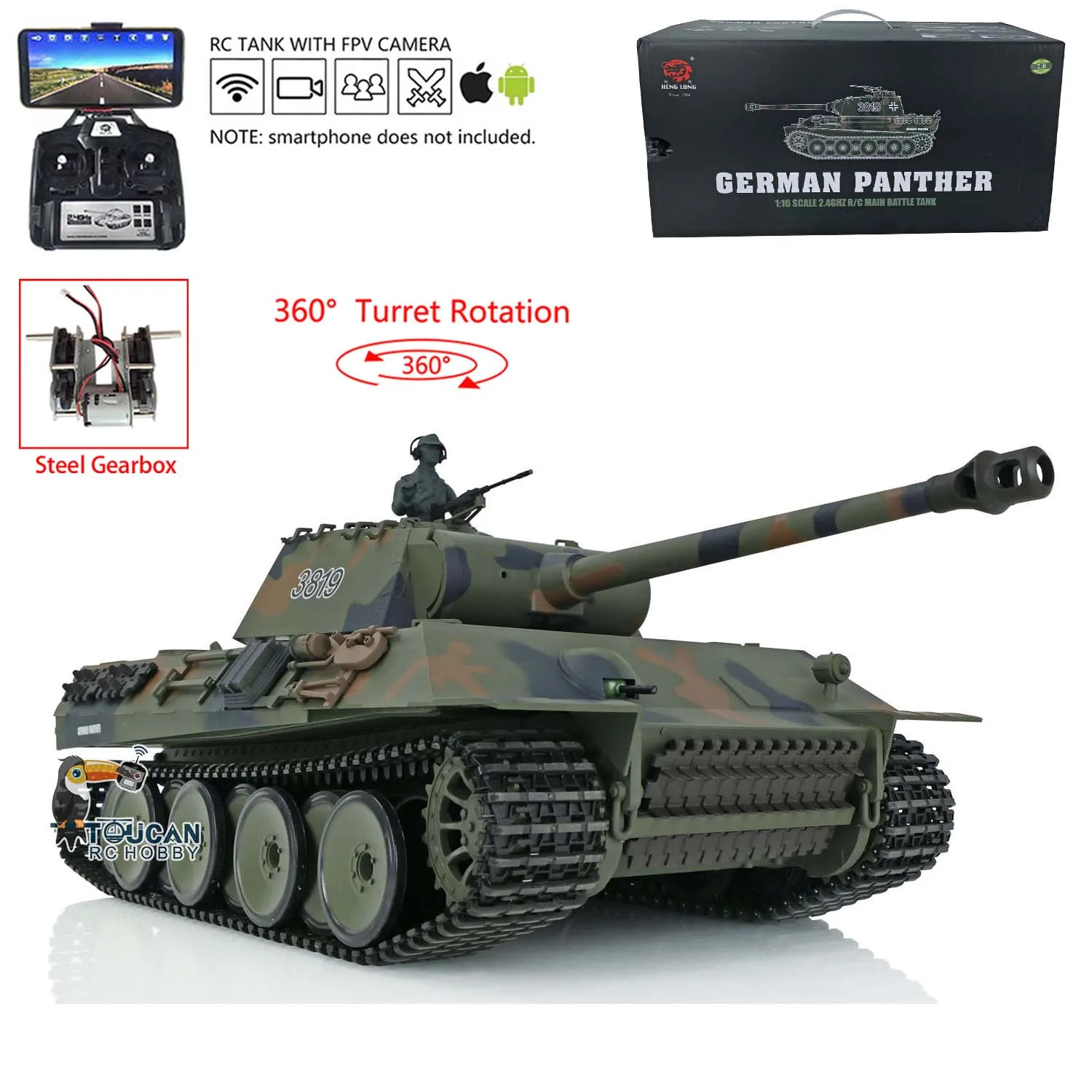 1/16 Heng Long 7.0 Plastic Panther FPV Camera RC Tank 3819 W/ 360° Turret Steel Gearbox Smoke Engine Soldiers Adult Toy TH17287 2