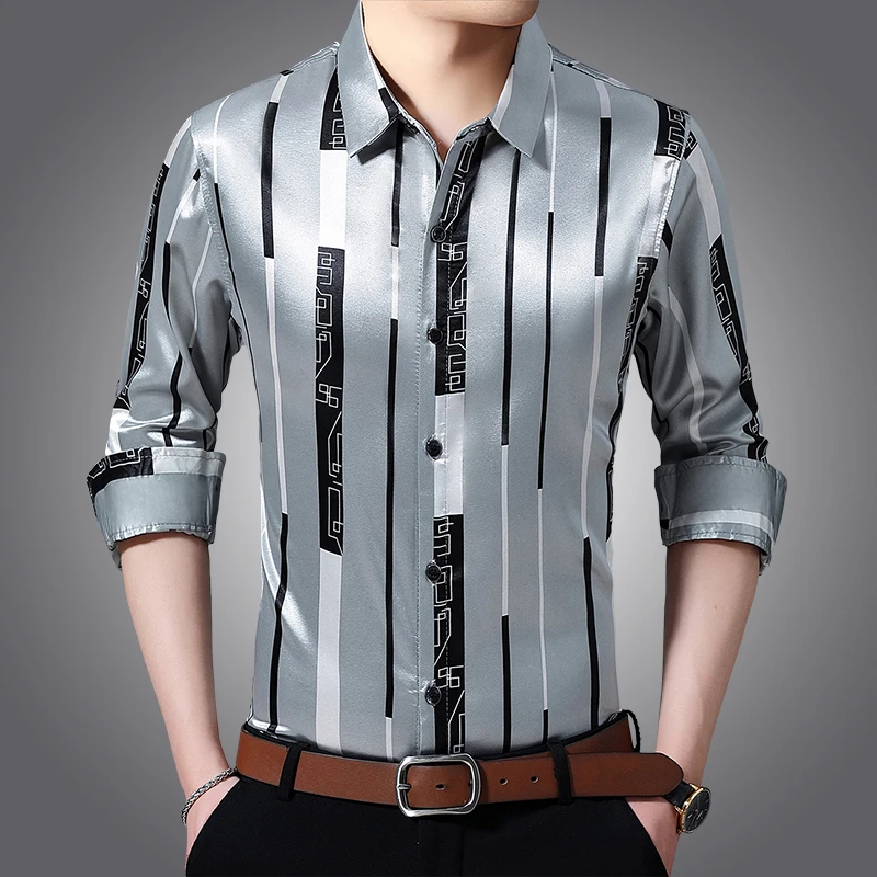 

Silk Long Shirts Mens Clothes Male Spring Striped Sleeve Caual Dress