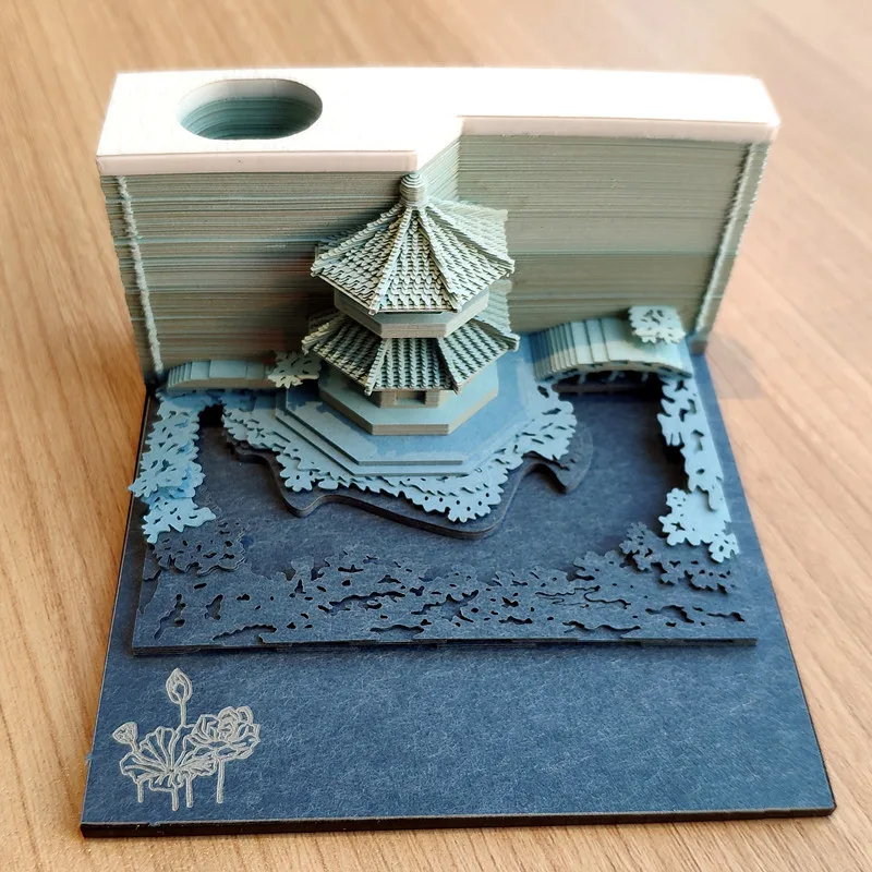 3D Paper Art Sculpture Tear Memo Pad Japan Style Gazebo Cool Desk Carving Building Courtyard Decoration Note Bookmark Pen Holder