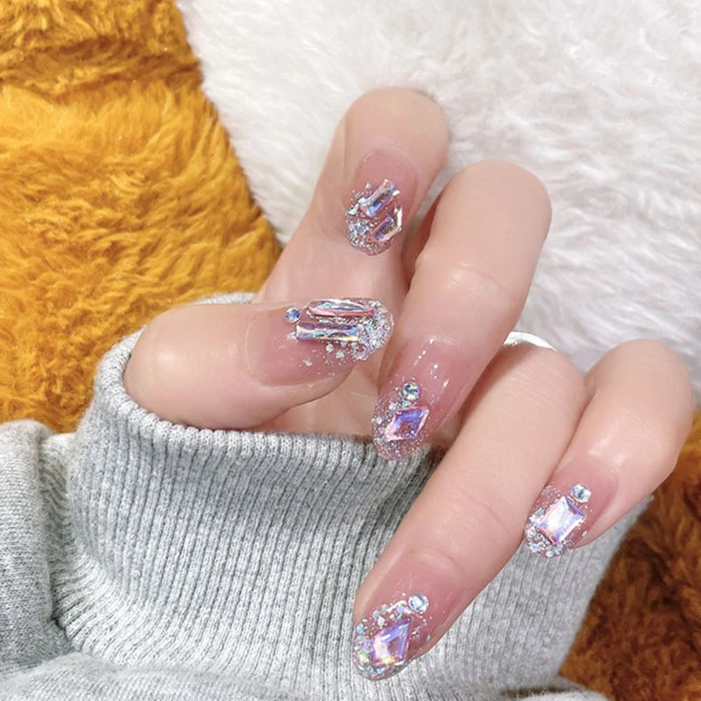 24pcs Rhinestones False Nails Acrylic Full Cover Middle Length Coffin Fake  Nails Detachable Ballerina Nail Tips Press On Nails| | - AliExpress