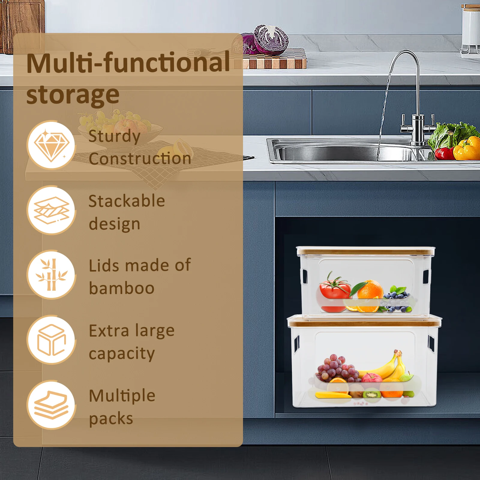 2 Pcs Transparent Trash Bag Holder with Bamboo Lid Large Capacity Laundry Room Storage Box Stackable Clear Kitchen Organizer