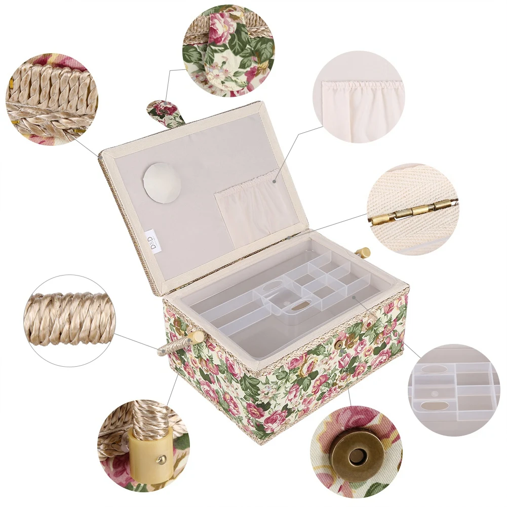Craft Box Storage Box Fabric Floral Printed Sewing Basket Craft Household Sundry Storage Organizer with Handle Sewing