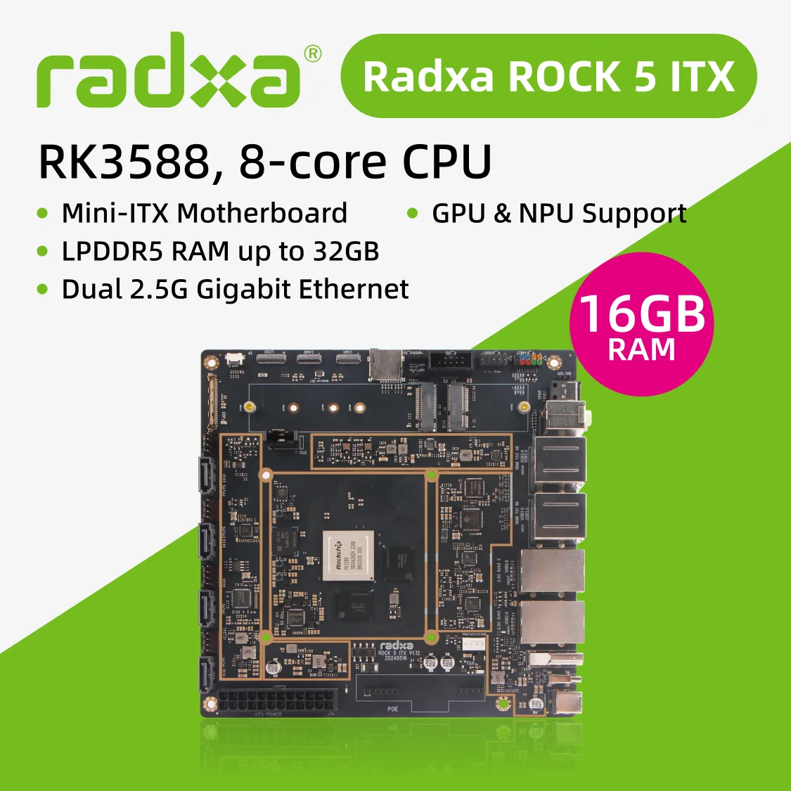 Radxa ROCK 5 ITX, RK3588 8-core CPU, Mini-ITX Motherboard, LPDDR5