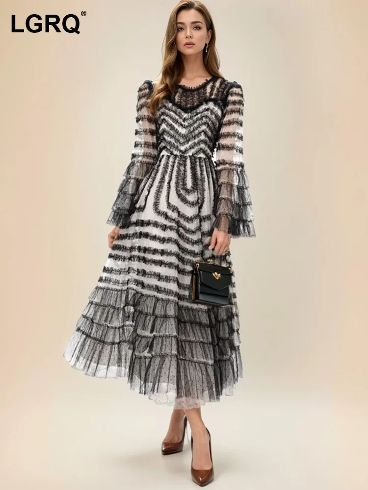 

LGRQ Women's Contrast Color Dress Fashion Round Neck Long Sleeves Mesh Spliced High Waist A-line Dresses 2024 New Summer 19ZZ210
