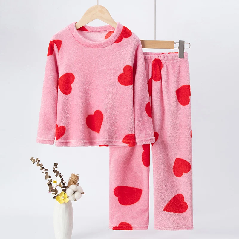 2-piece children's flannel long-sleeved trousers suit for autumn and winter girls' printed pajamas suit at home