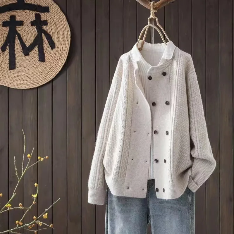 

Double breasted round neck twist knit cardigan female 2023 autumn and winter new Korean version loose retro casual sweater coat